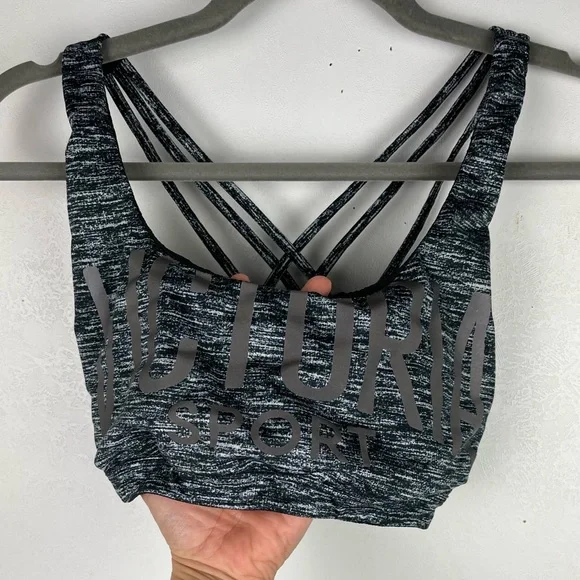 Victoria’s Secret Sport VSX Sports Bra Gray Strappy Logo Yoga Workout Medium - Picture 2 of 11